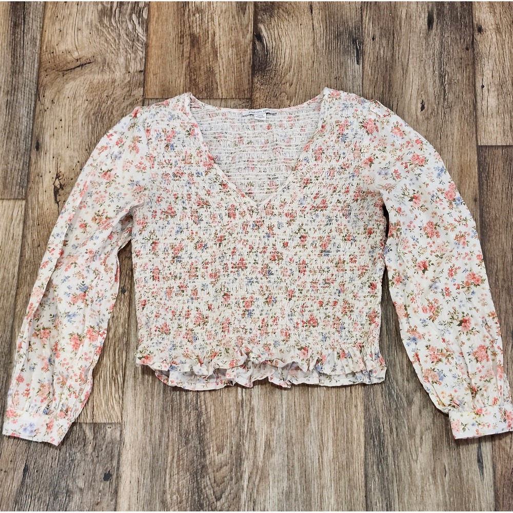 American Eagle Floral Smocked V-Neck Long Sleeve Ruffle Hem Top Small